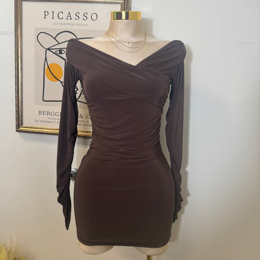Long Sleeve Off Shoulder Ruched Mini Dress-Brown