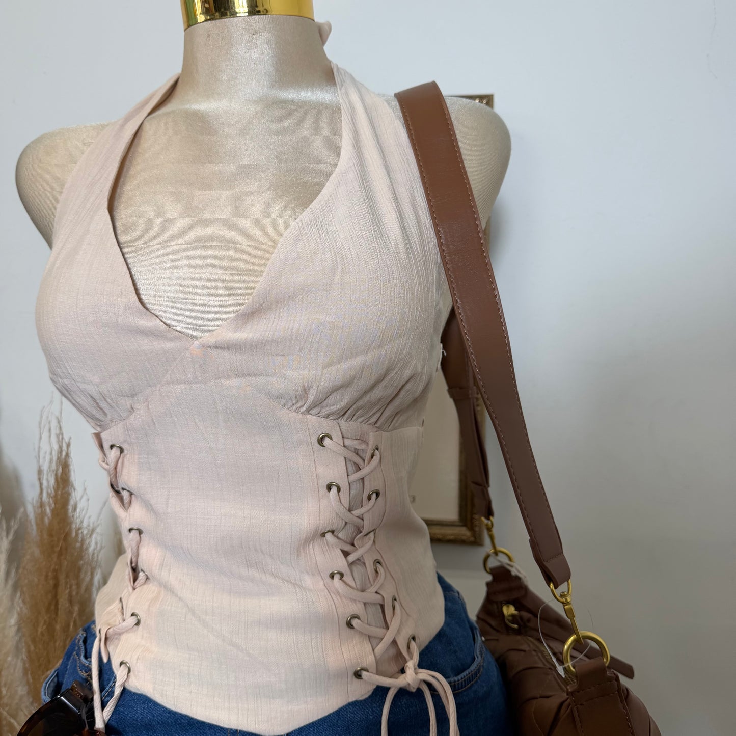 Halter Neck Crop Top-Beige