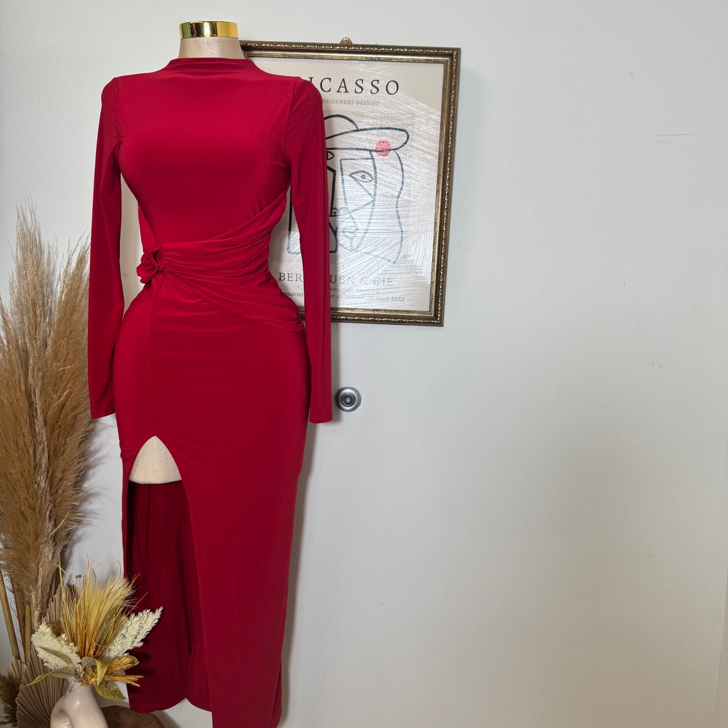 Long Sleeve Open Slit Dress-Red