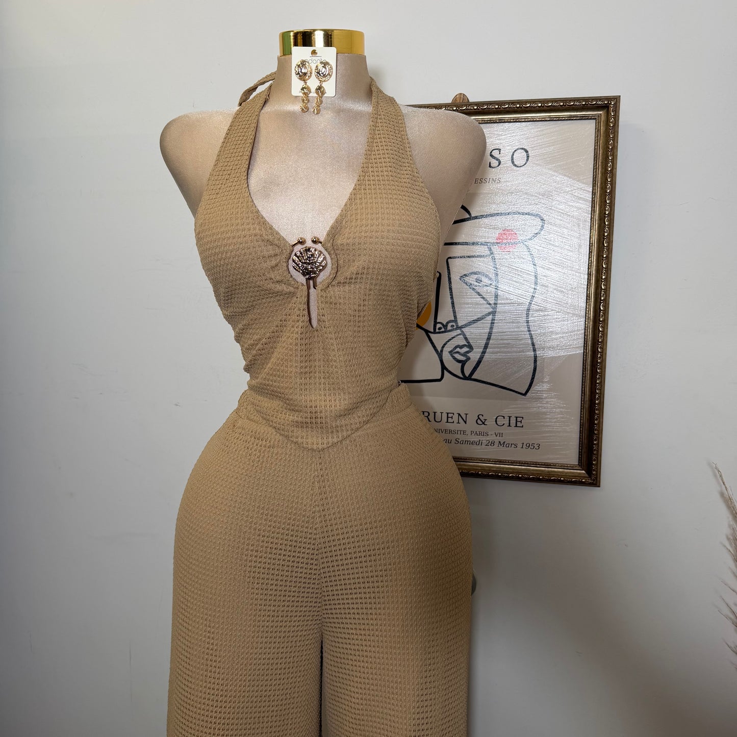 Waffle Knit Seashell Trim Top Wide leg Pant Set-Taupe
