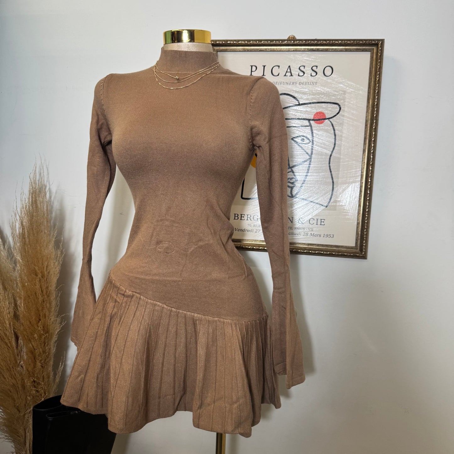 Pleated Sweater Dress-Mocha