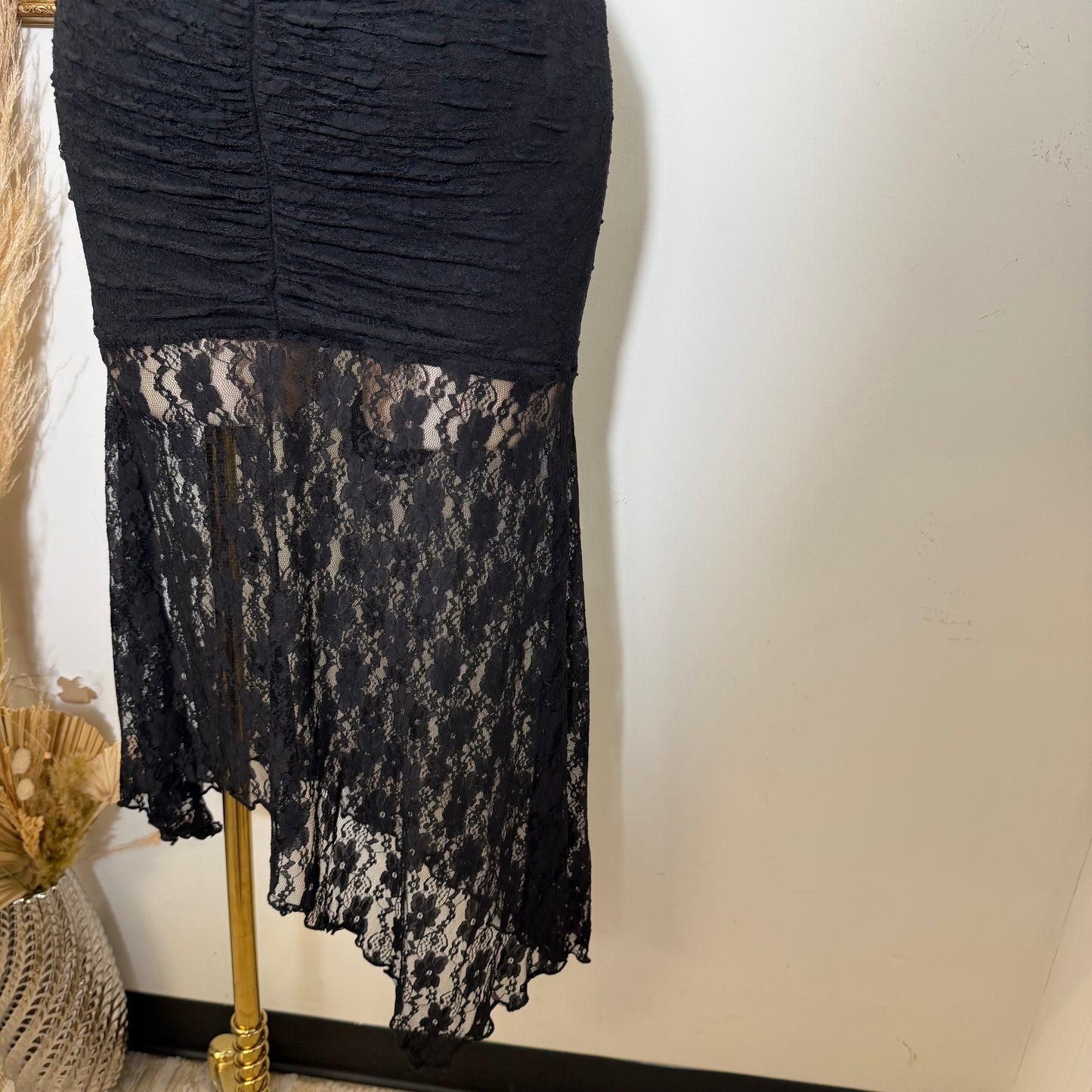 Lace Ruched Halter Maxi Dress-Black