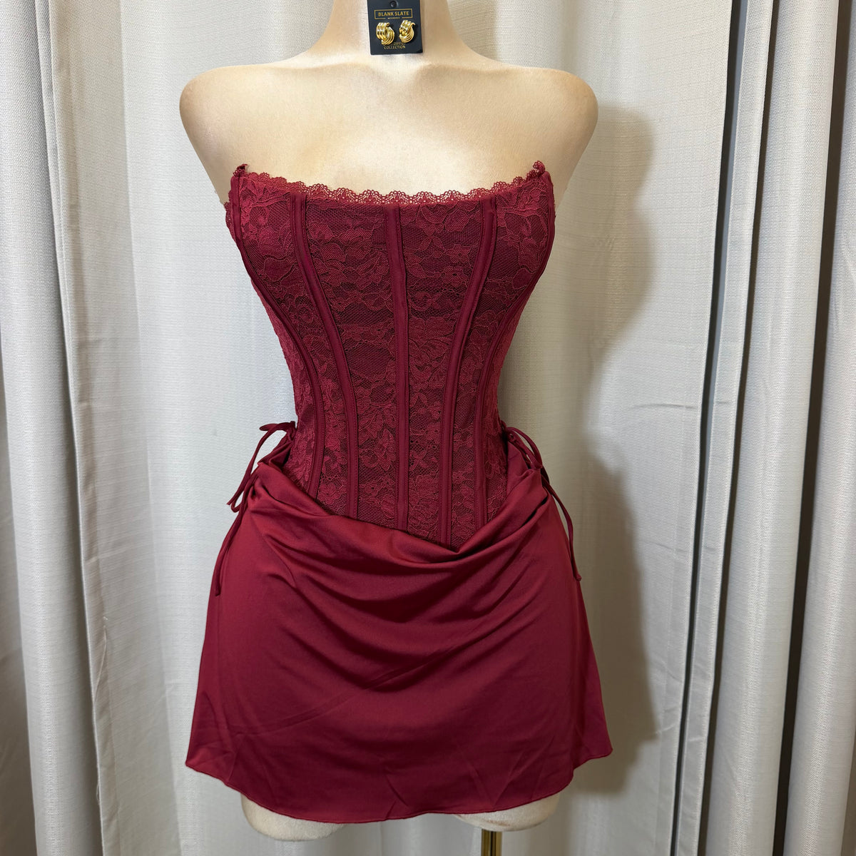 Strapless Lace Corset Cowl Front Mini Dress-Burgundy