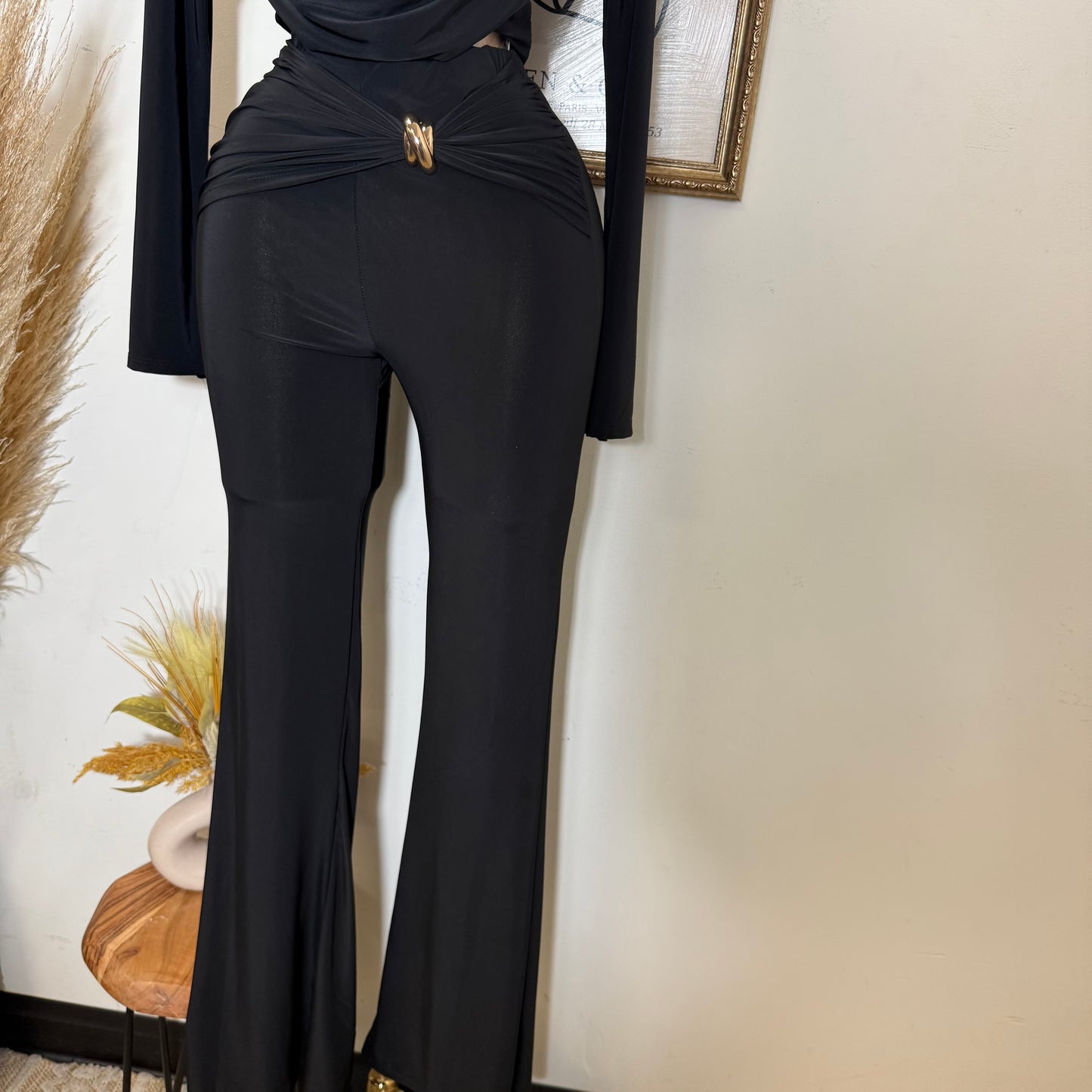 Long Sleeve Crop Top Pant Set-Black