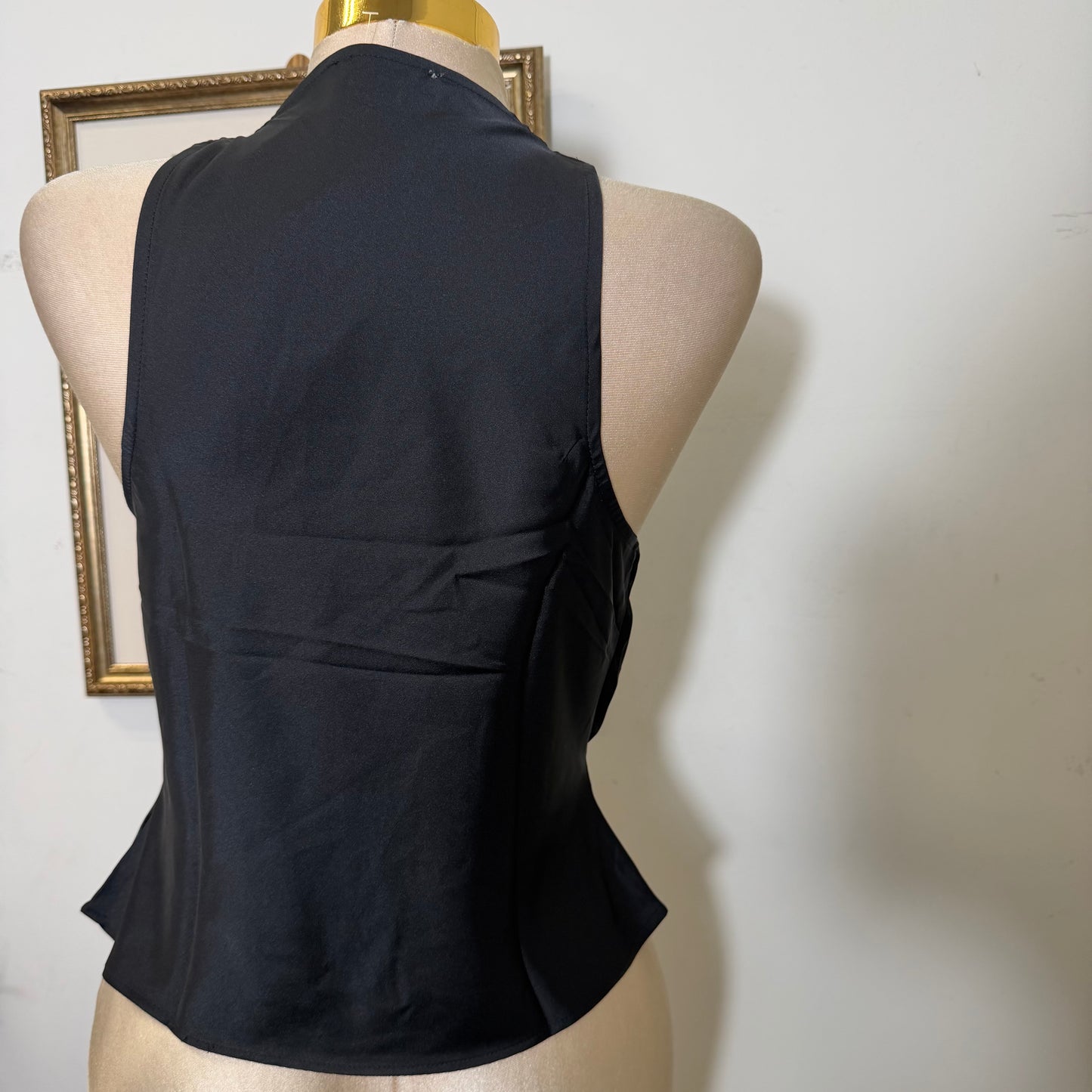 Satin Cowl-Neck Top w/ Gold Ring Details-Black