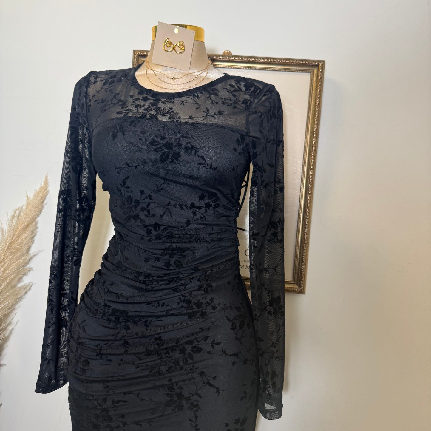 Long Sleeve Flocked Mesh Ruched Maxi Dress-Black
