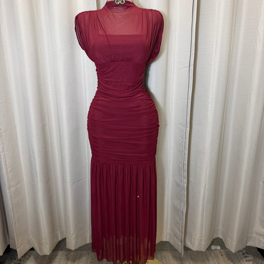 Mesh & Knit Mix Long Dress-Burgundy