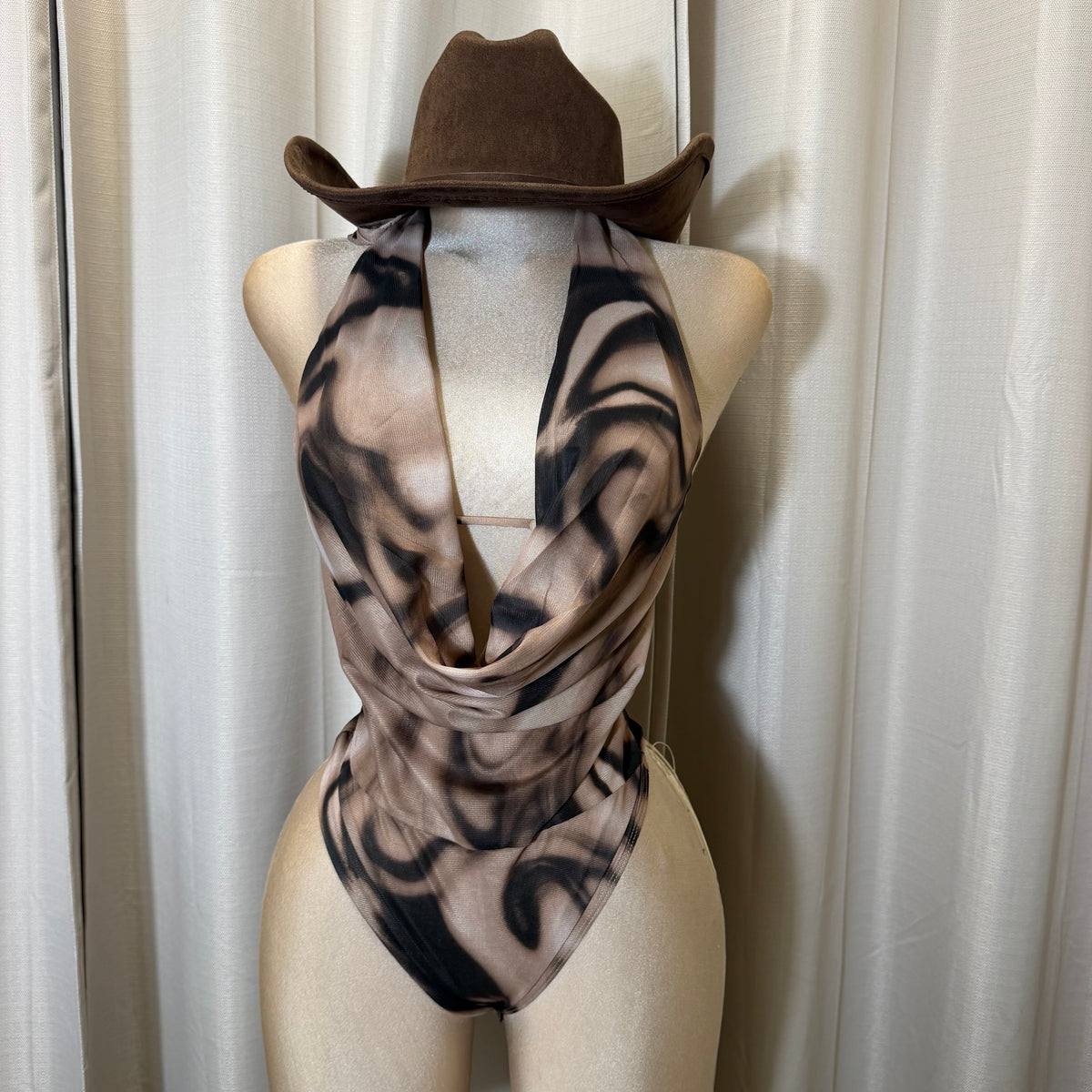 Cowl halter neck bodysuit-Black/Brown