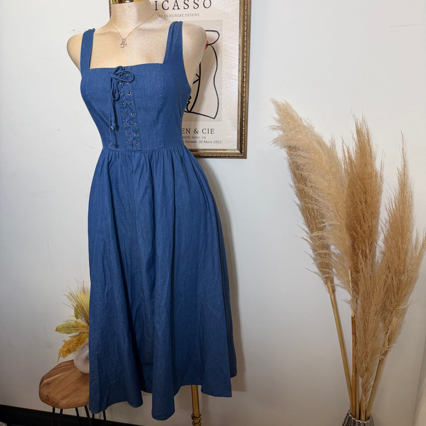 PL-Lace up Midi Dress-Blue