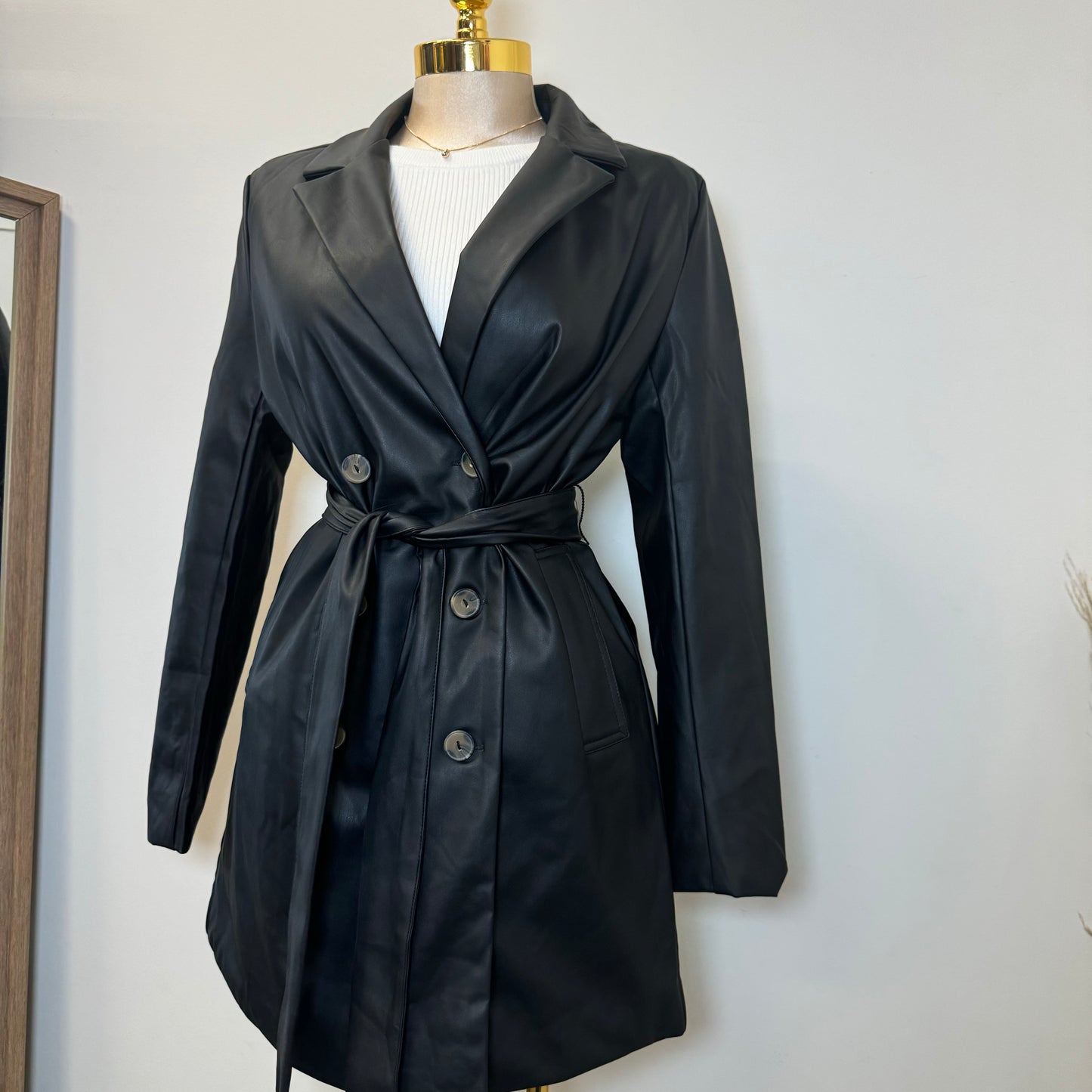 Leather Coat with Belt-Black