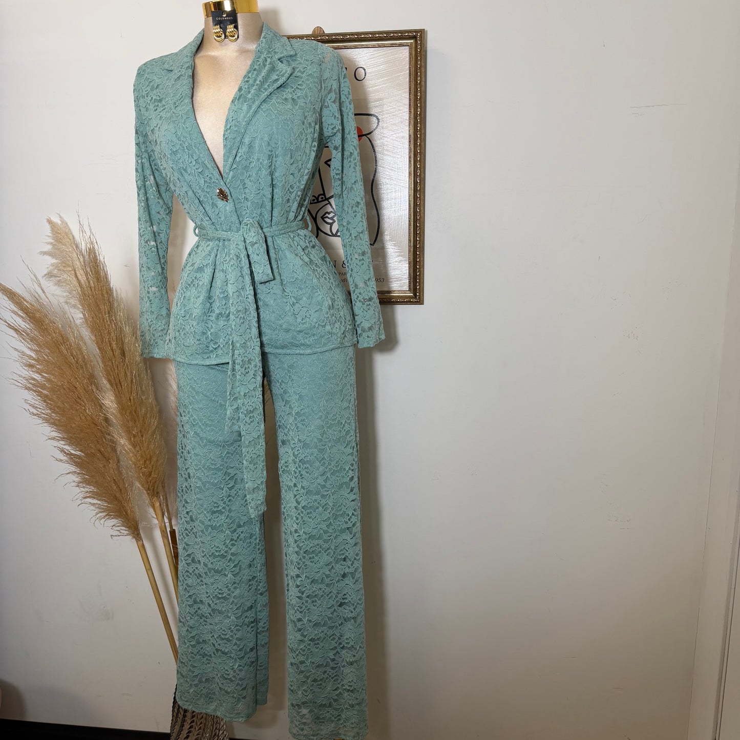 Lace blazer Pant Set -Sage Green