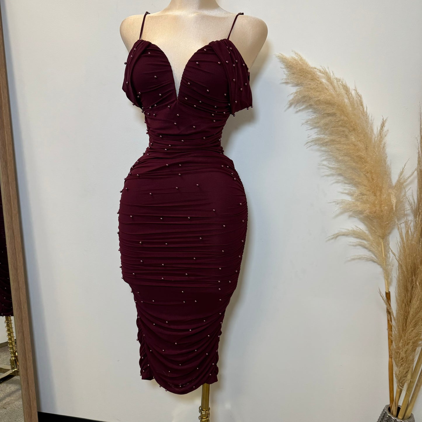 Aria Pearl Midi Dress- Burgundy