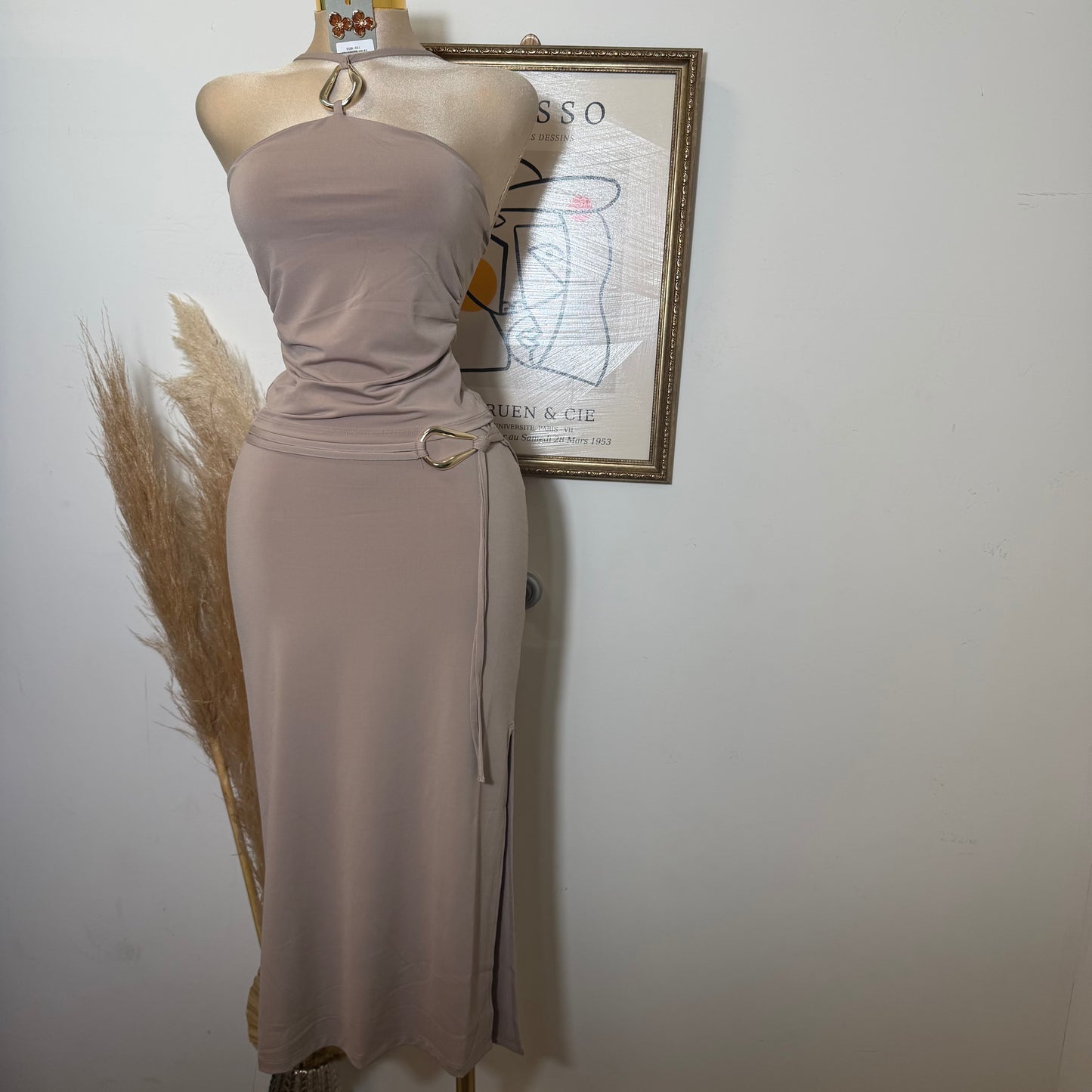 Keyhole Halter Top W/ Midi Skirt Set-Taupe