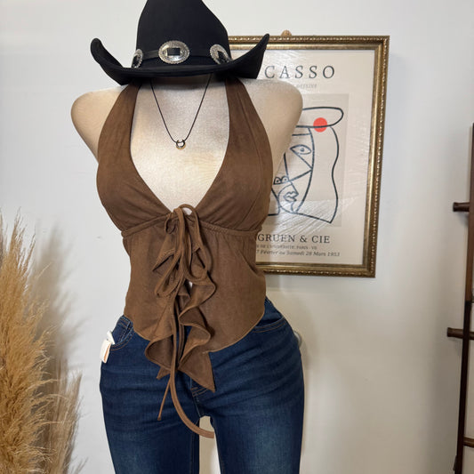 Halter Suede Self Tie-Brown