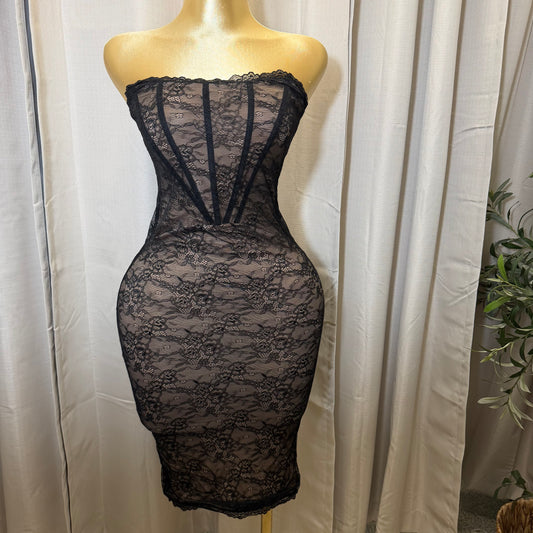 Stretch Lace Corset Body Midi Dress-Black