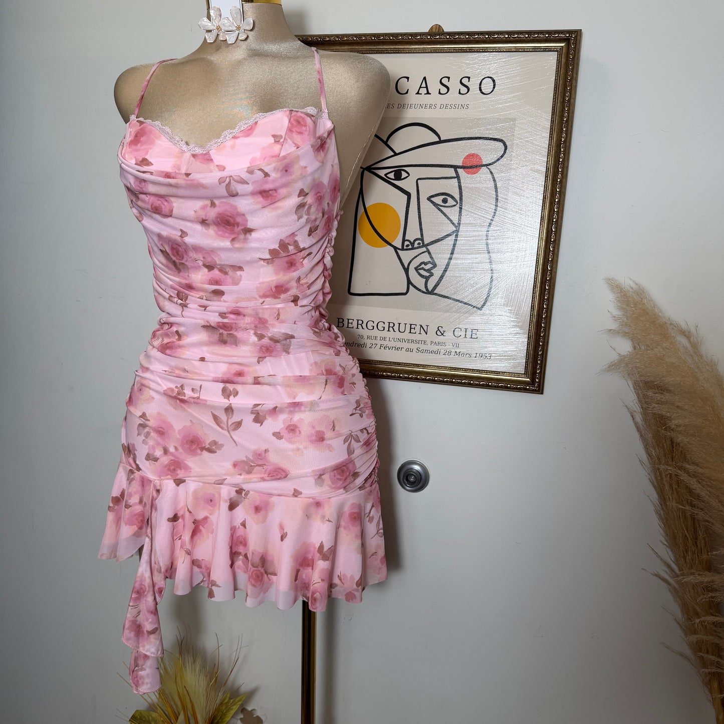 Floral open Back Mini Dress with Flowing Skirt-Pink