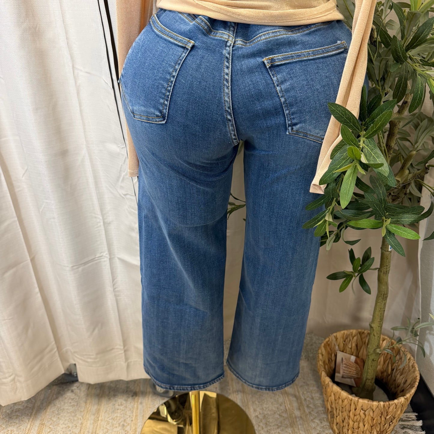 Wide Leg Denim Pants-Dk Blue
