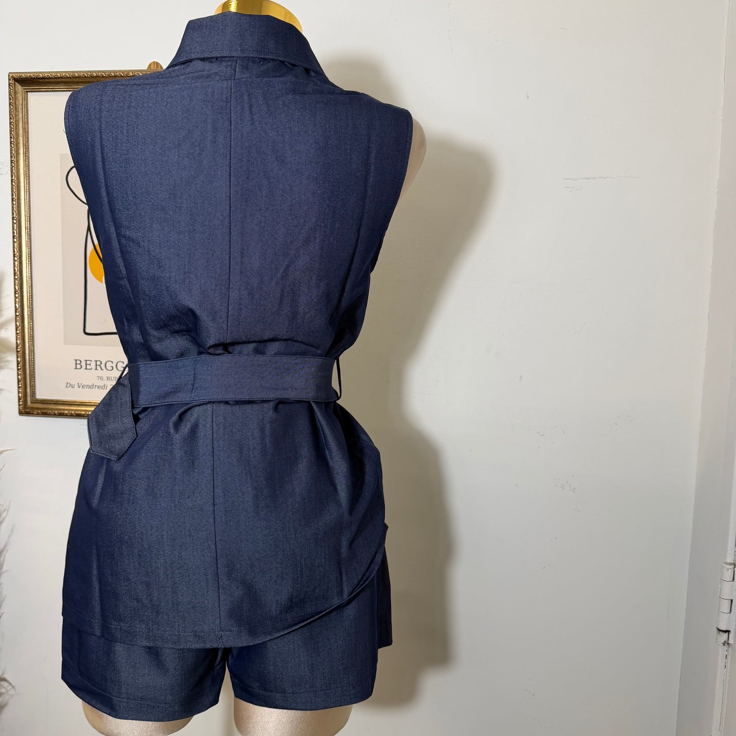Denim Gold Buckle Belted Pocket Vest Skort Set-Dk Denim
