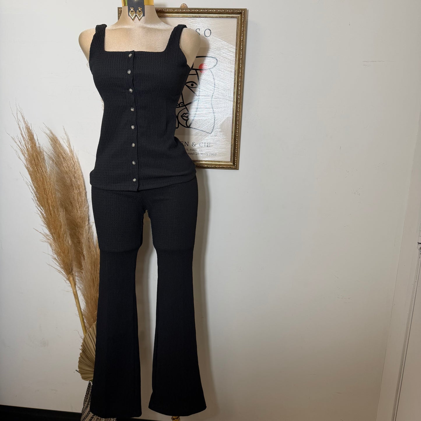 Square neck Vest & Flare Pant set-black