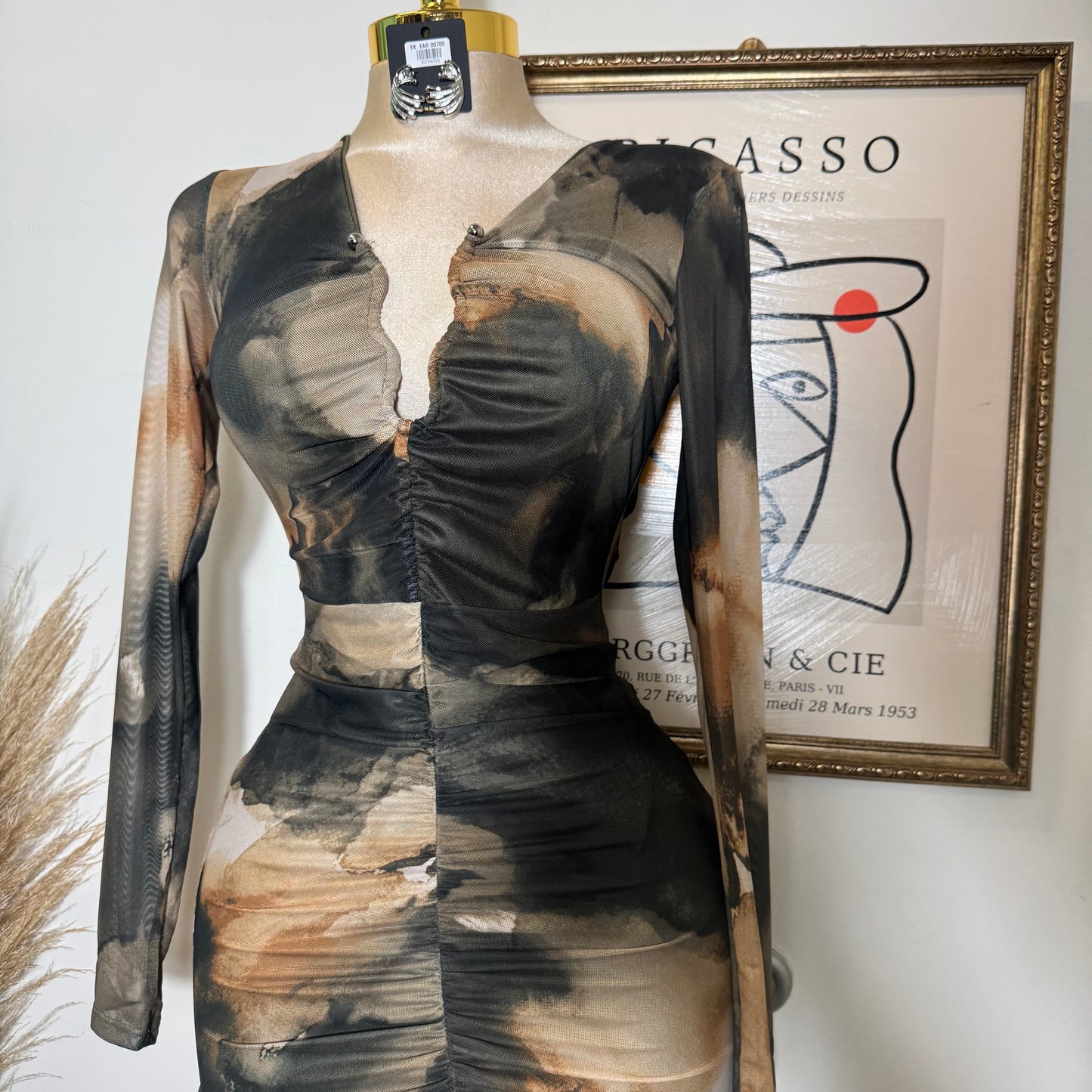 Multi Colored Mesh With trim Midi Dress-Olive