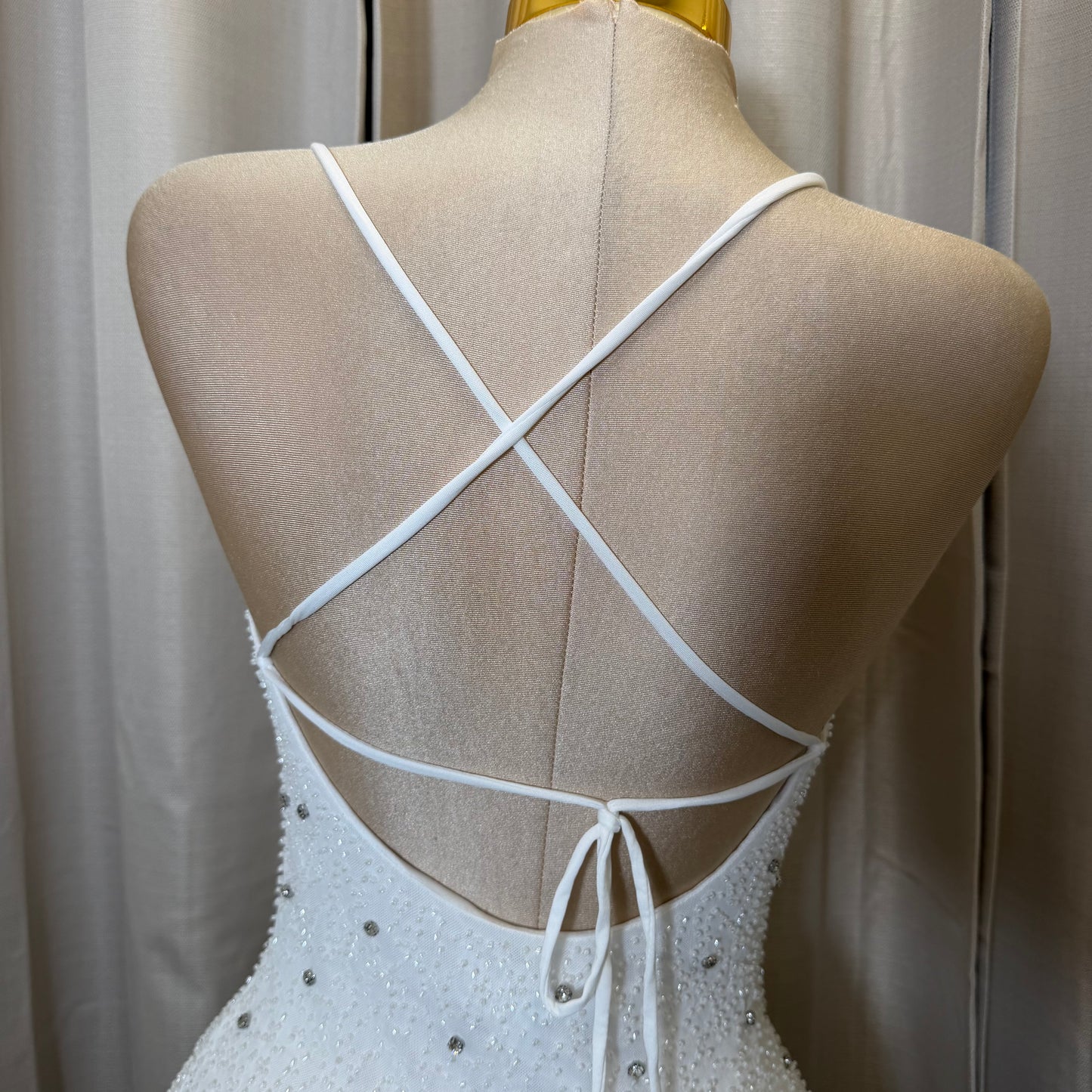 Power Mesh w/ Rhinestone Mini Dress-White