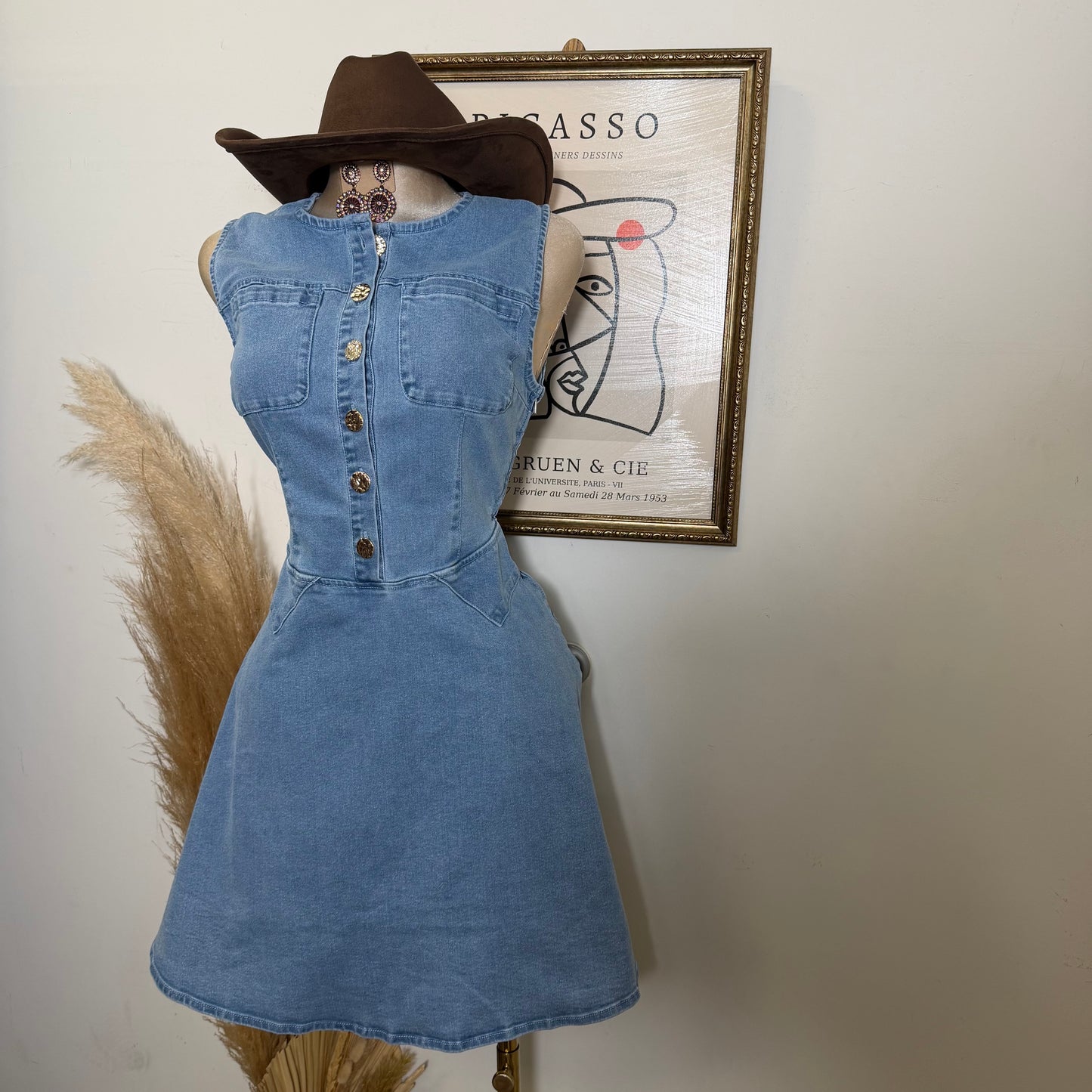 Round Neck Midi Denim Dress-LT Blue
