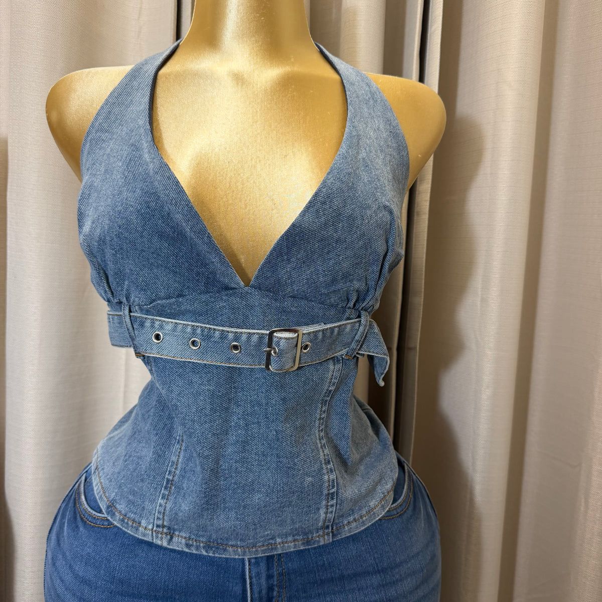 PL-Halter denim Belted top-Blue
