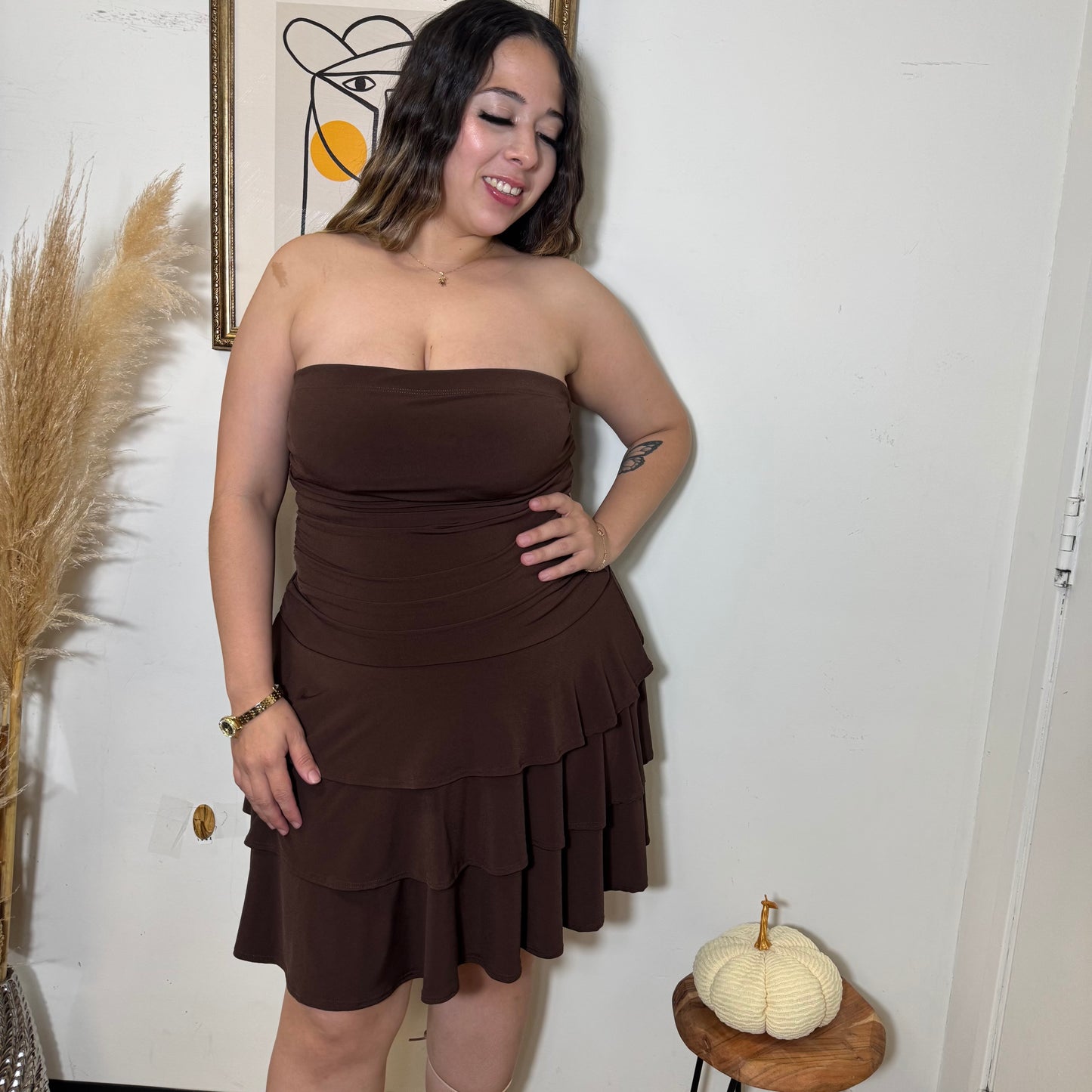 Ruffle Tube Dress-Brown