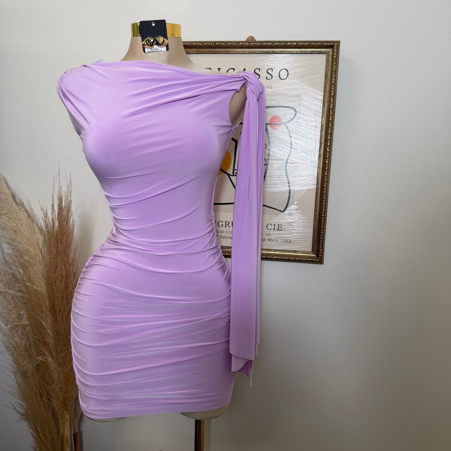 Off Shoulder Ruched Side Tie Mini Dress-Lavander