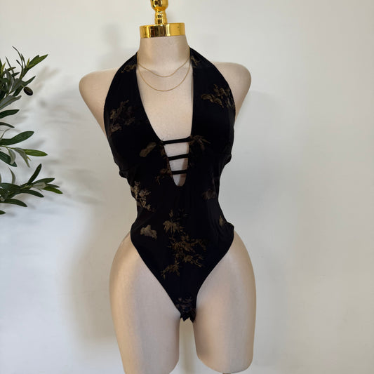 Halter Deep V Neck Bodysuit-Black
