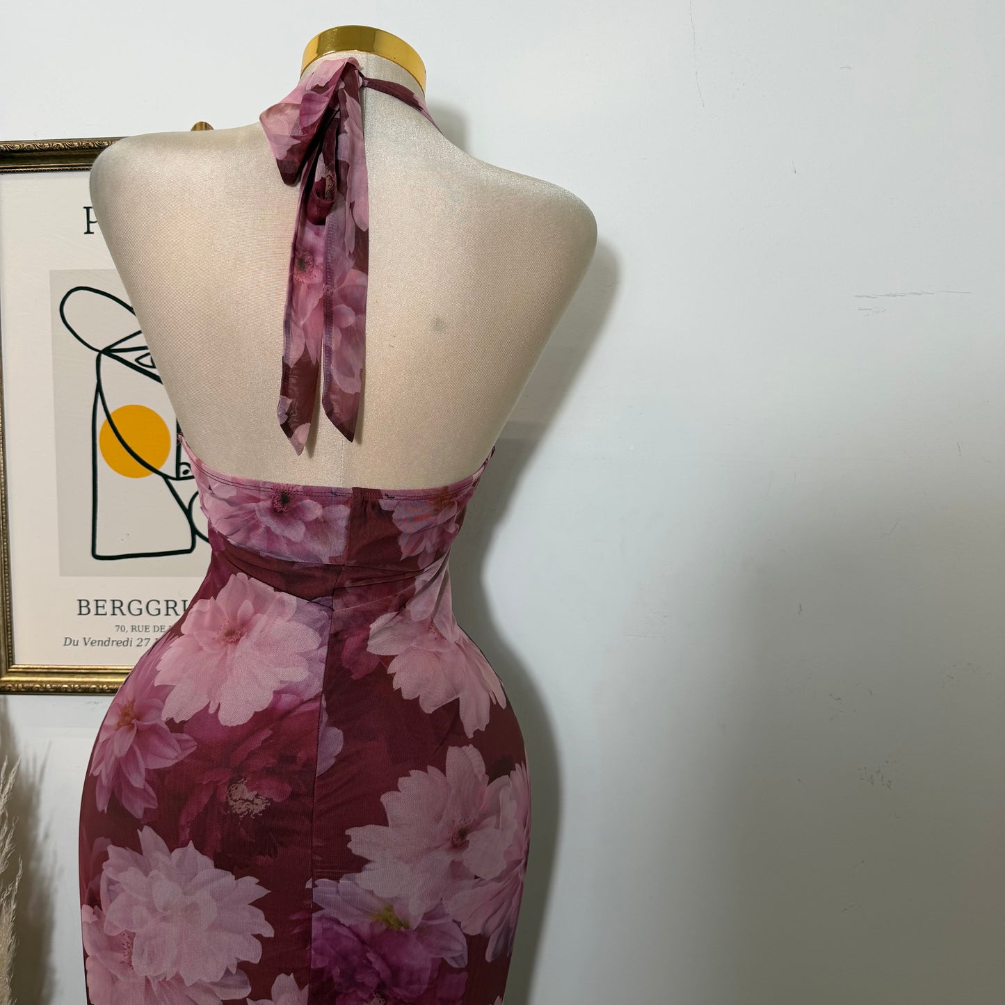 Mesh Print Halter Neck Back slit Maxi Dress-Mauve