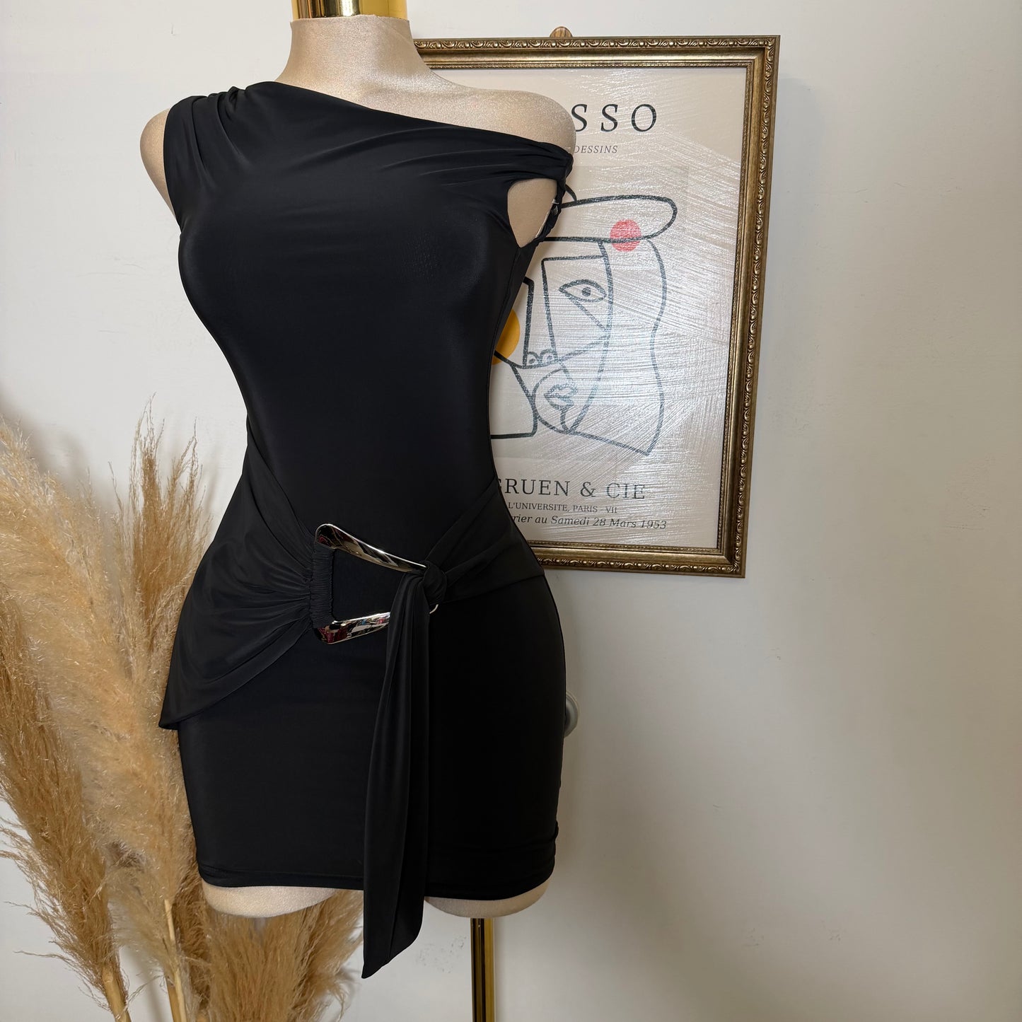 Halter Drape Trim Detail Mini Dress-Black