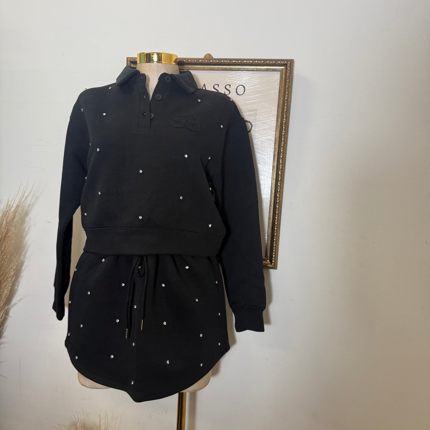 Long Sleeve Embellish scuba Polo Set-black