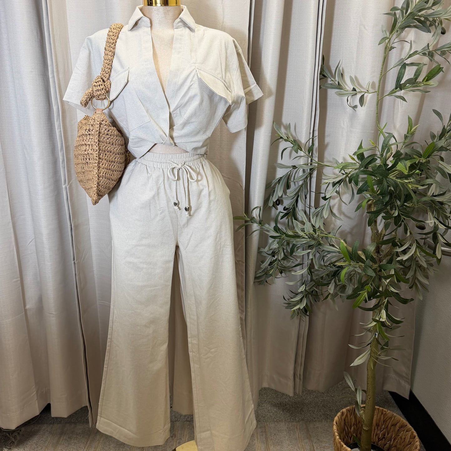 Front twist Top and wide leg pant Set-Beige