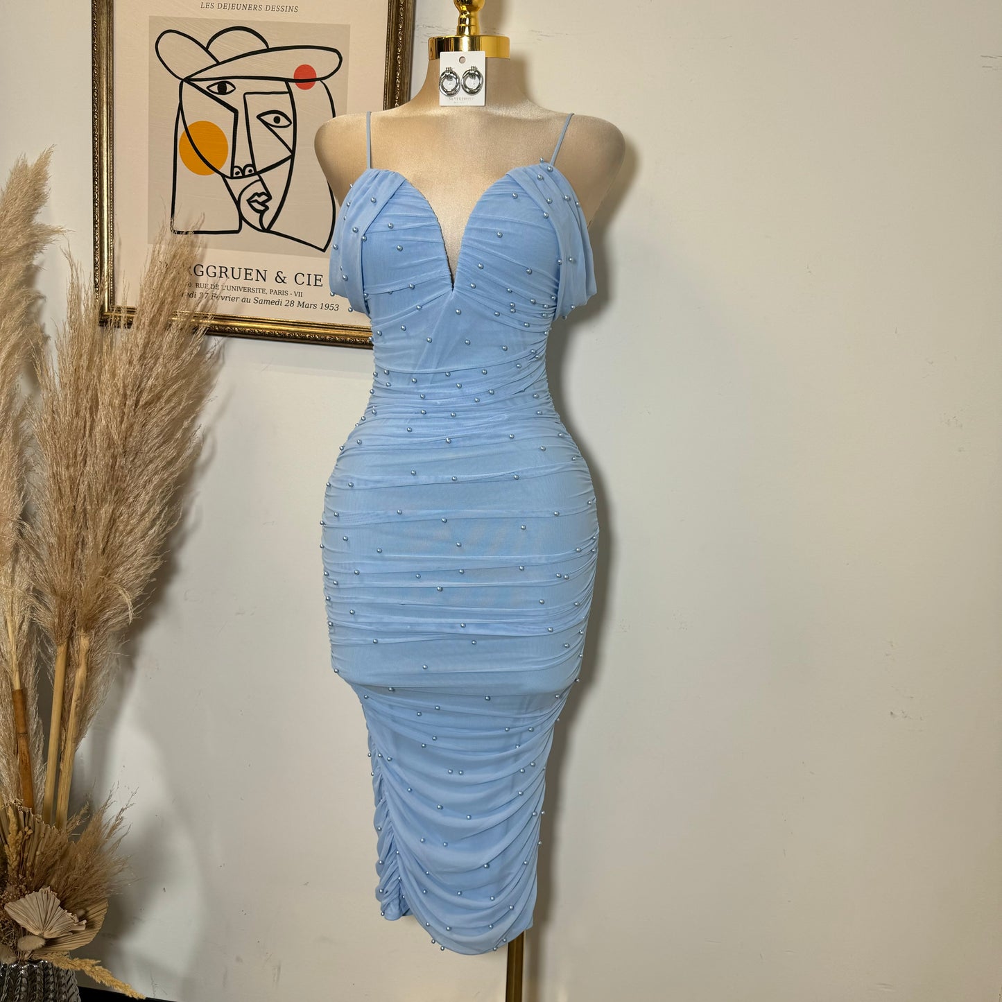 Aria Pearl Midi Dress- Baby Blue