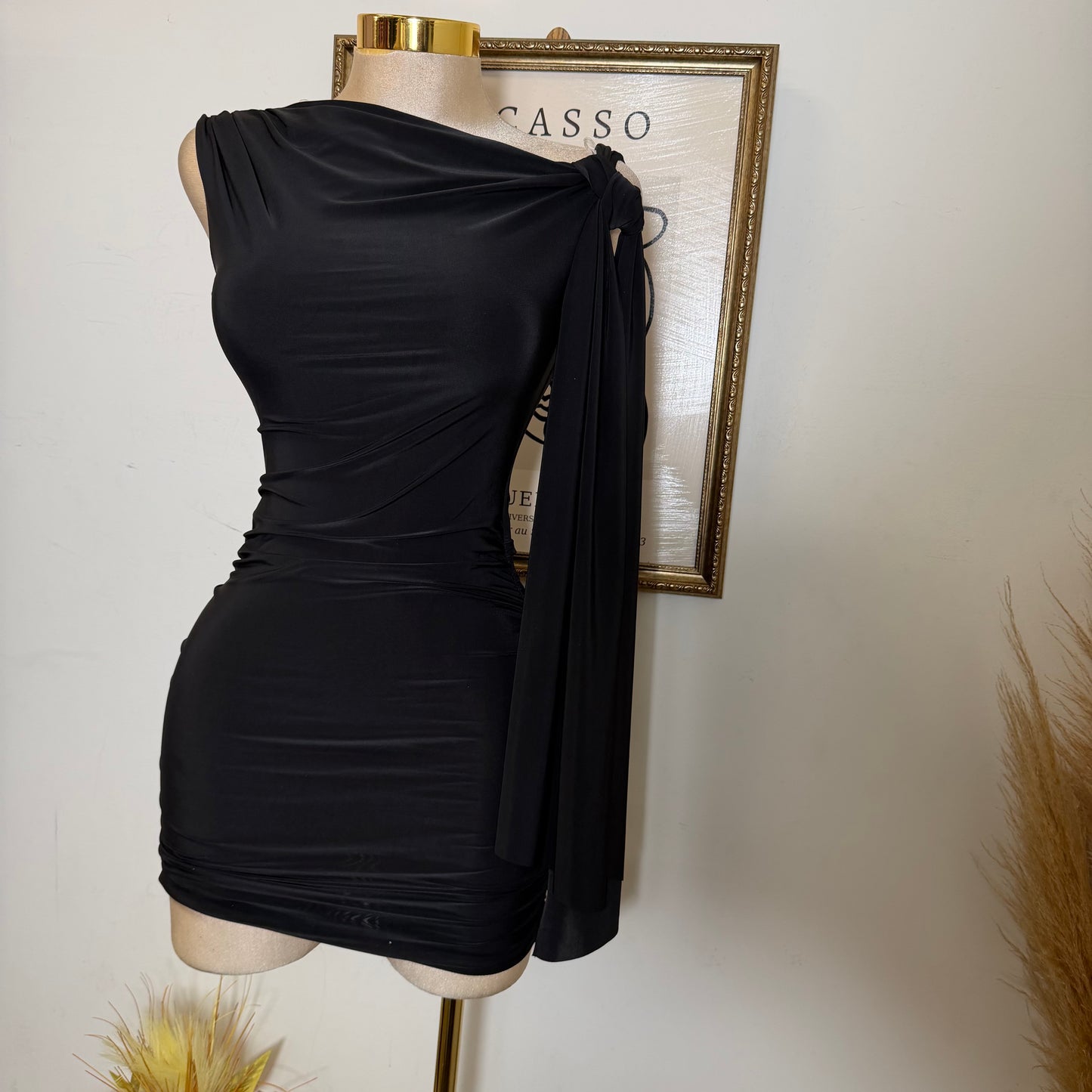 Off Shoulder Ruched Side Tie Mini Dress-Black