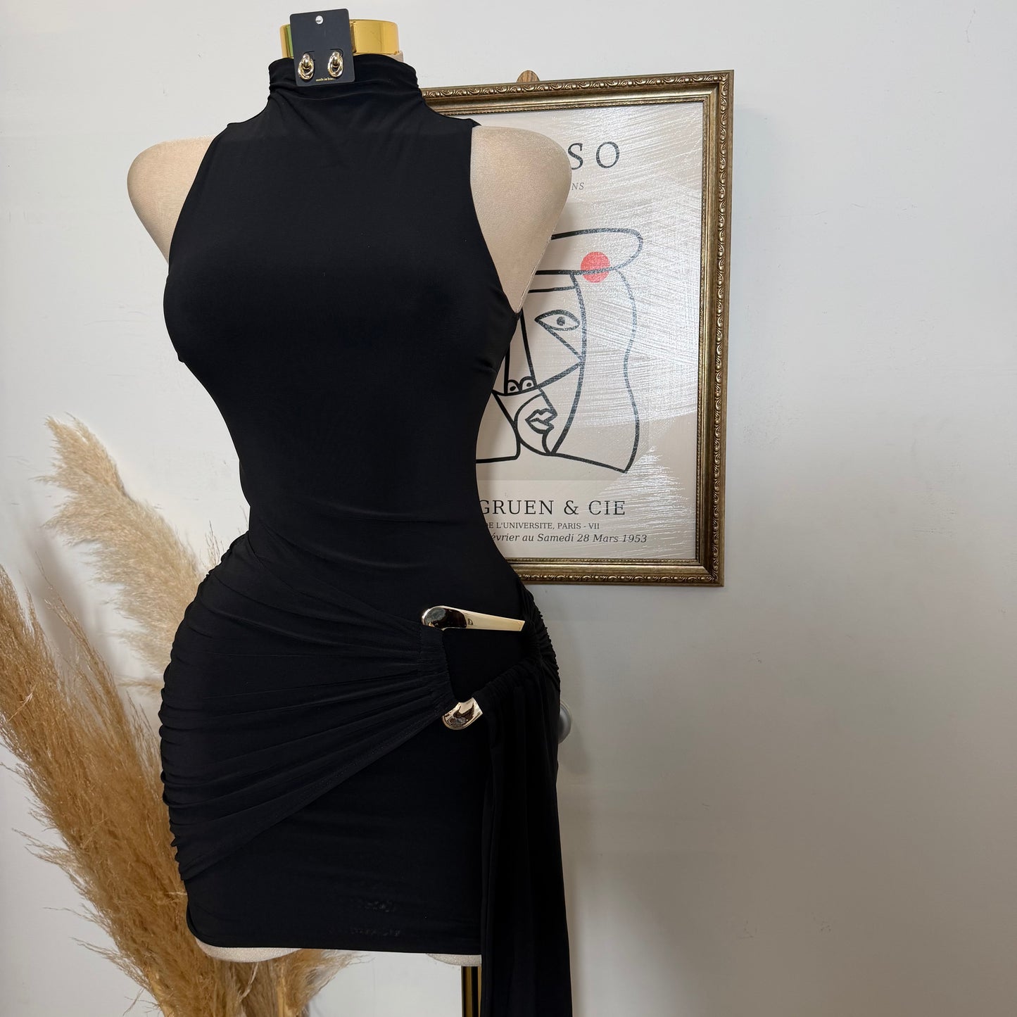 Mock Neck Front Sash With Trim Detail Mini Dress-Black (Copy)