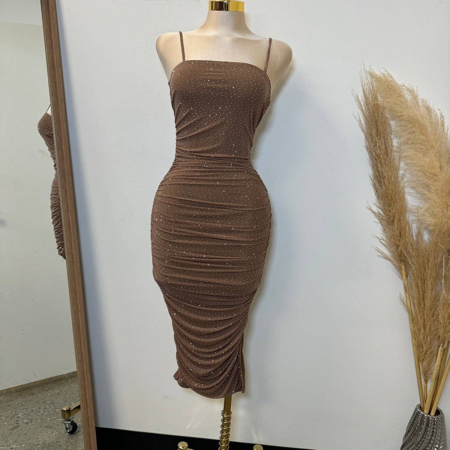 Sol Rhinestone Midi Dress-Brown