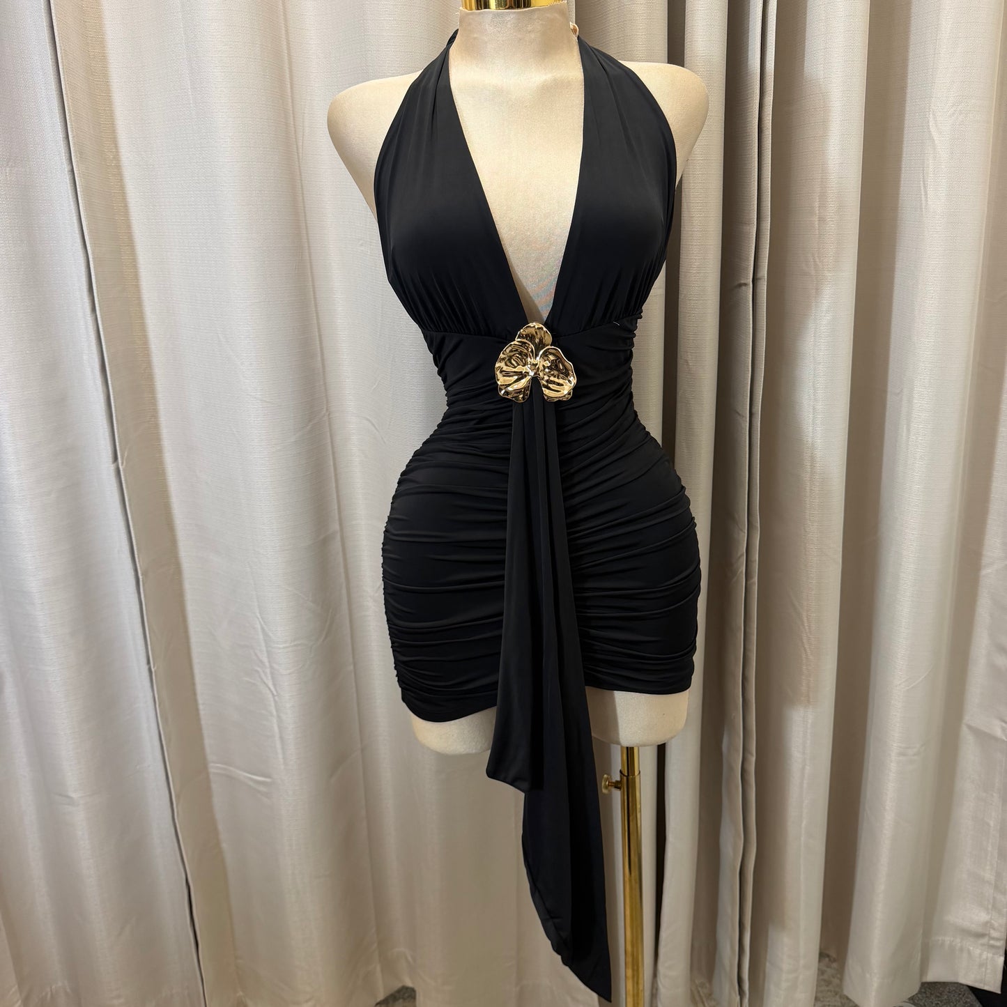 Orchid Halter Ruched front panel Mini Dress-Black