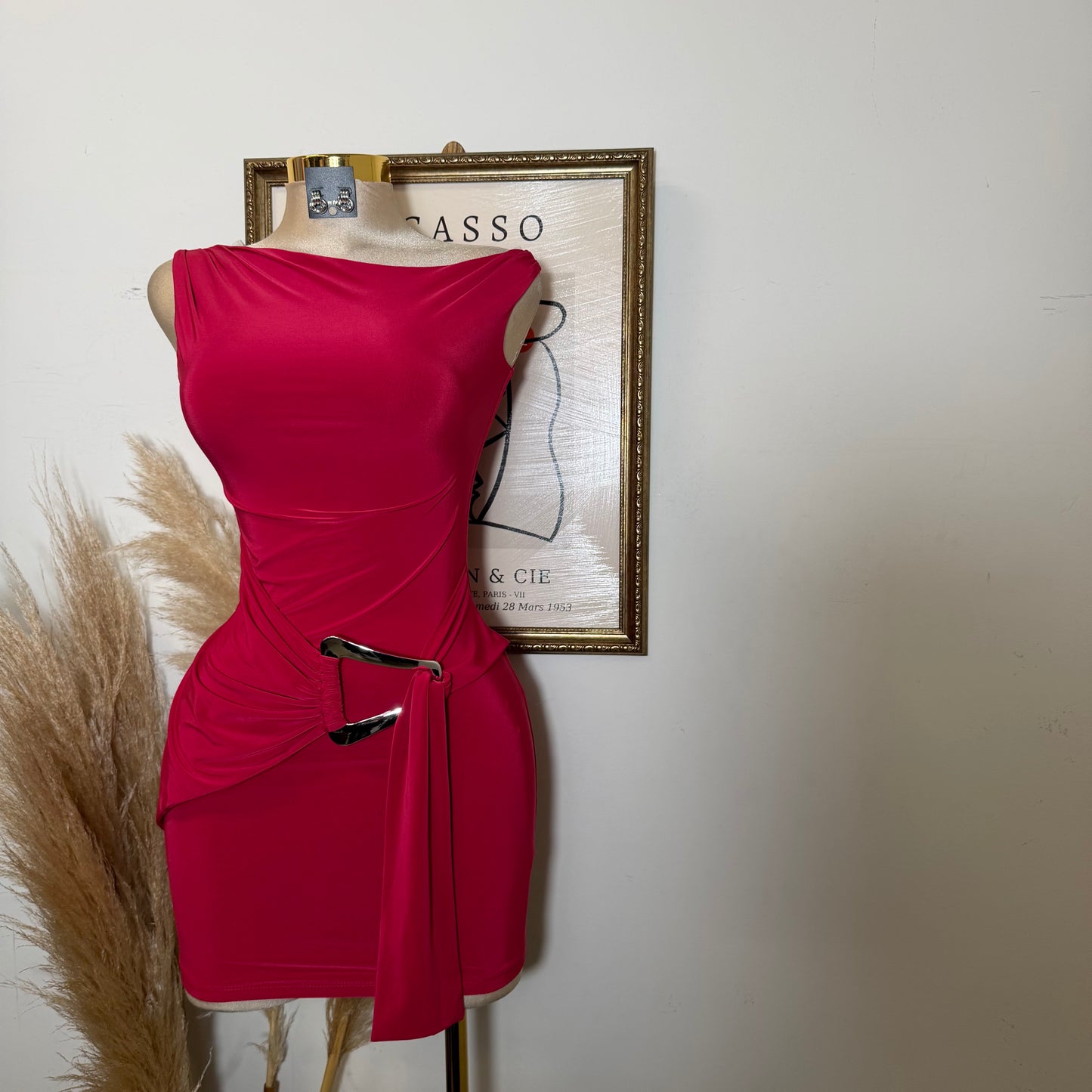Halter Drape Trim Detail Mini Dress-Red