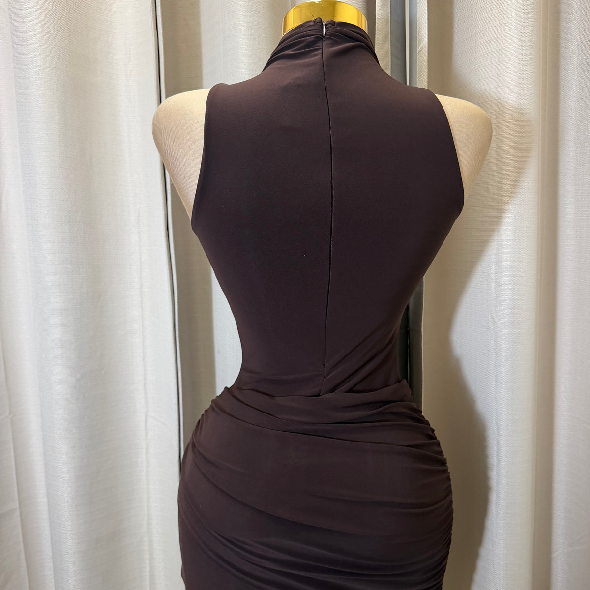 Mock Neck Front Sash With Trim Detail Mini Dress-Brown