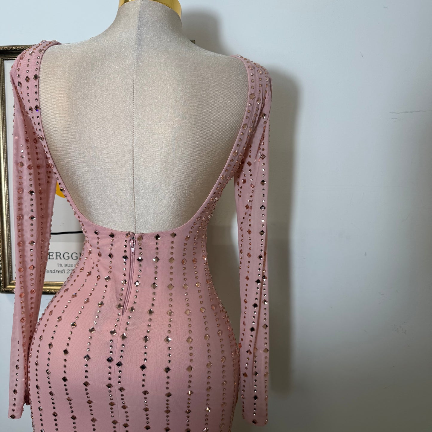 Square Rhinestone On Mesh Midi Dress-Pink