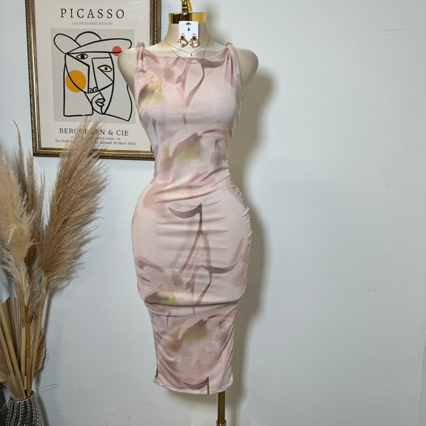 Mesh flower Dress Ruched Details-Pink