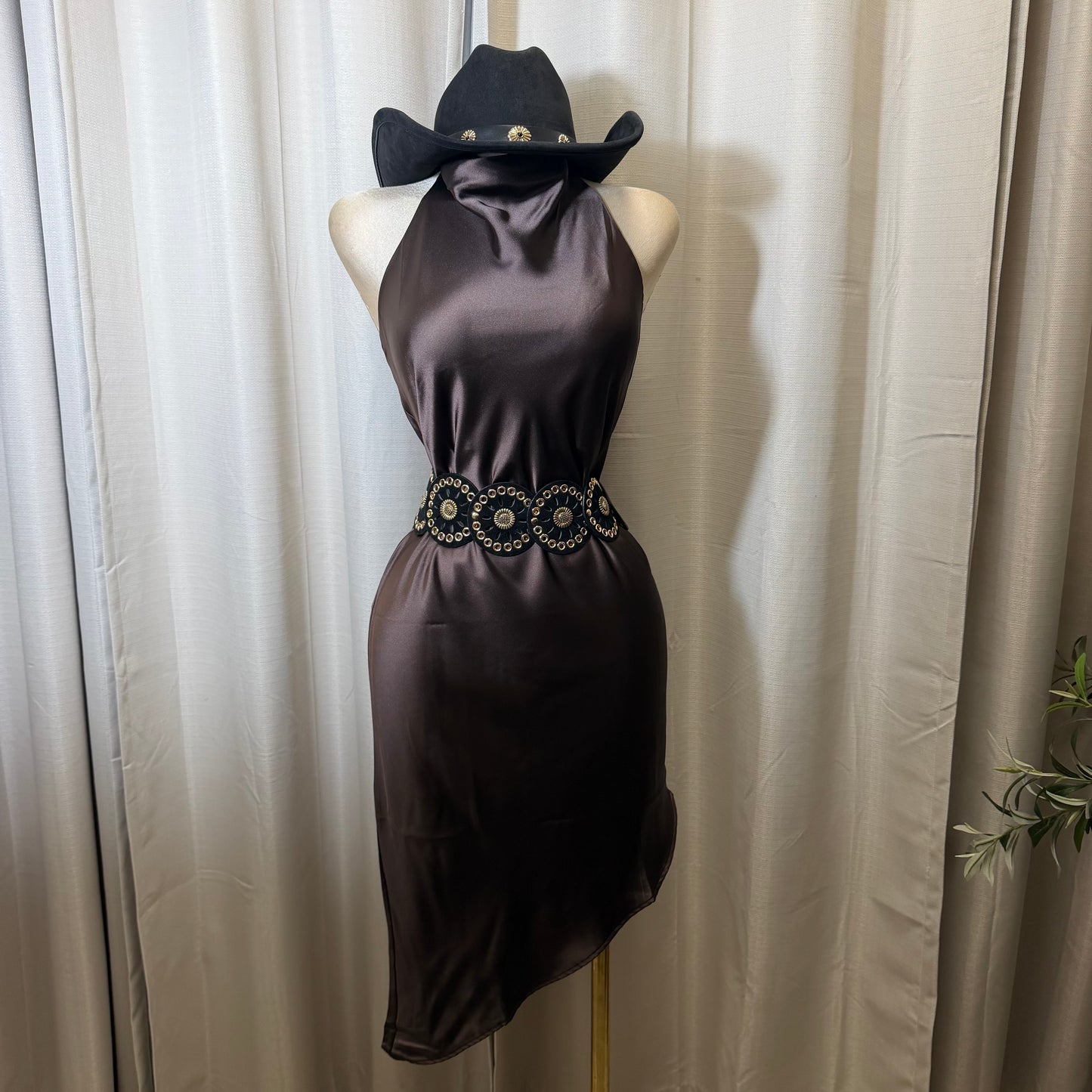 Satin Asymmetrical Midi Dress-Brown