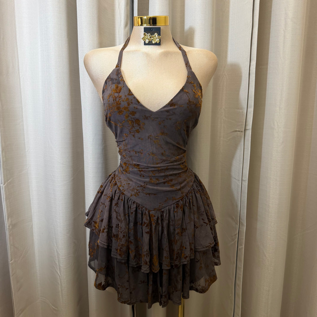 Floral Halter Double Layer Ruffle Mini Dress-Toffee Caramel/Brown
