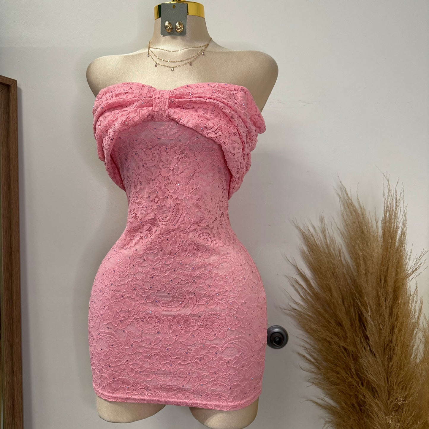 Bow Lace Rhinestone Dress-Pink