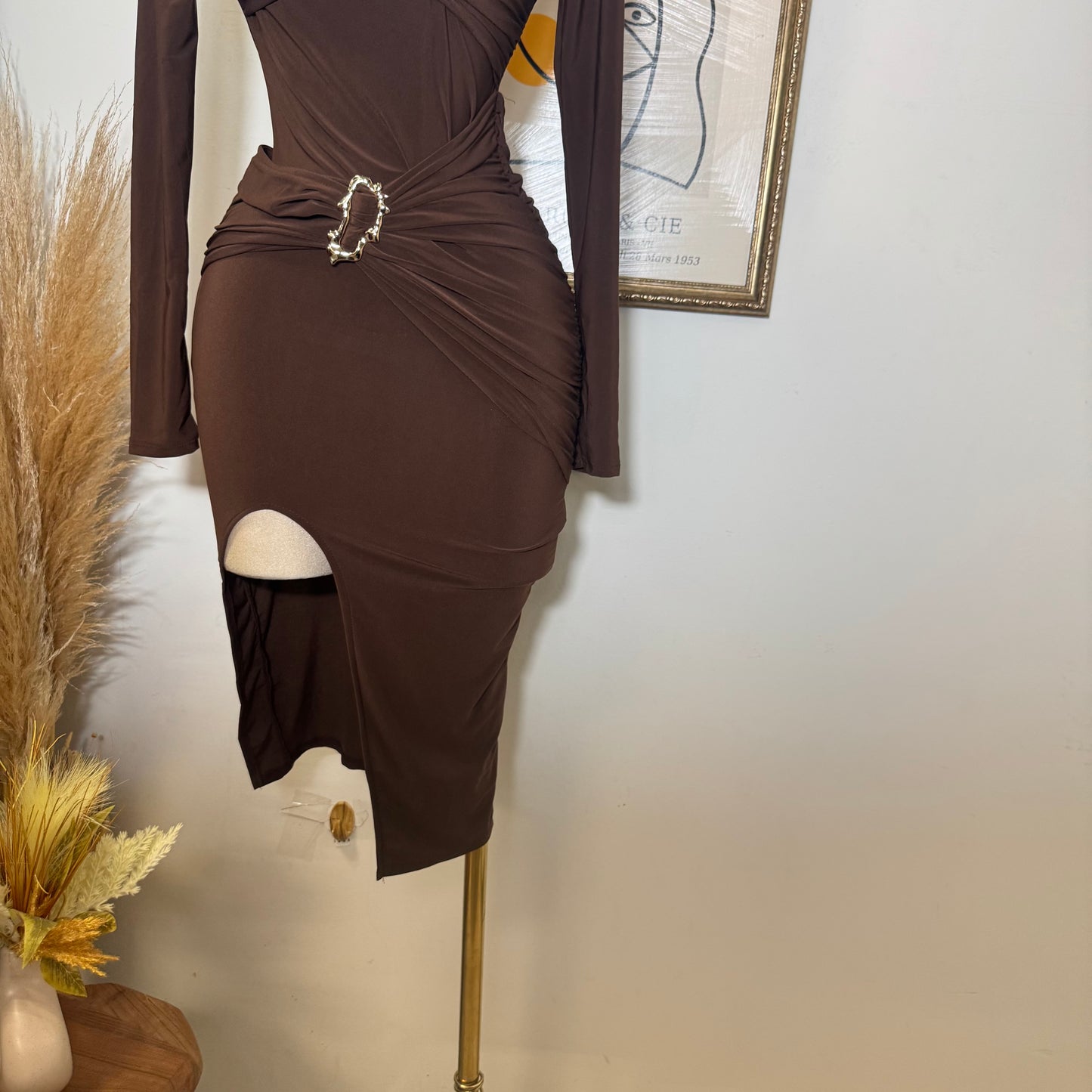 Wrap with Gold Trim Style Midi Dress-Brown