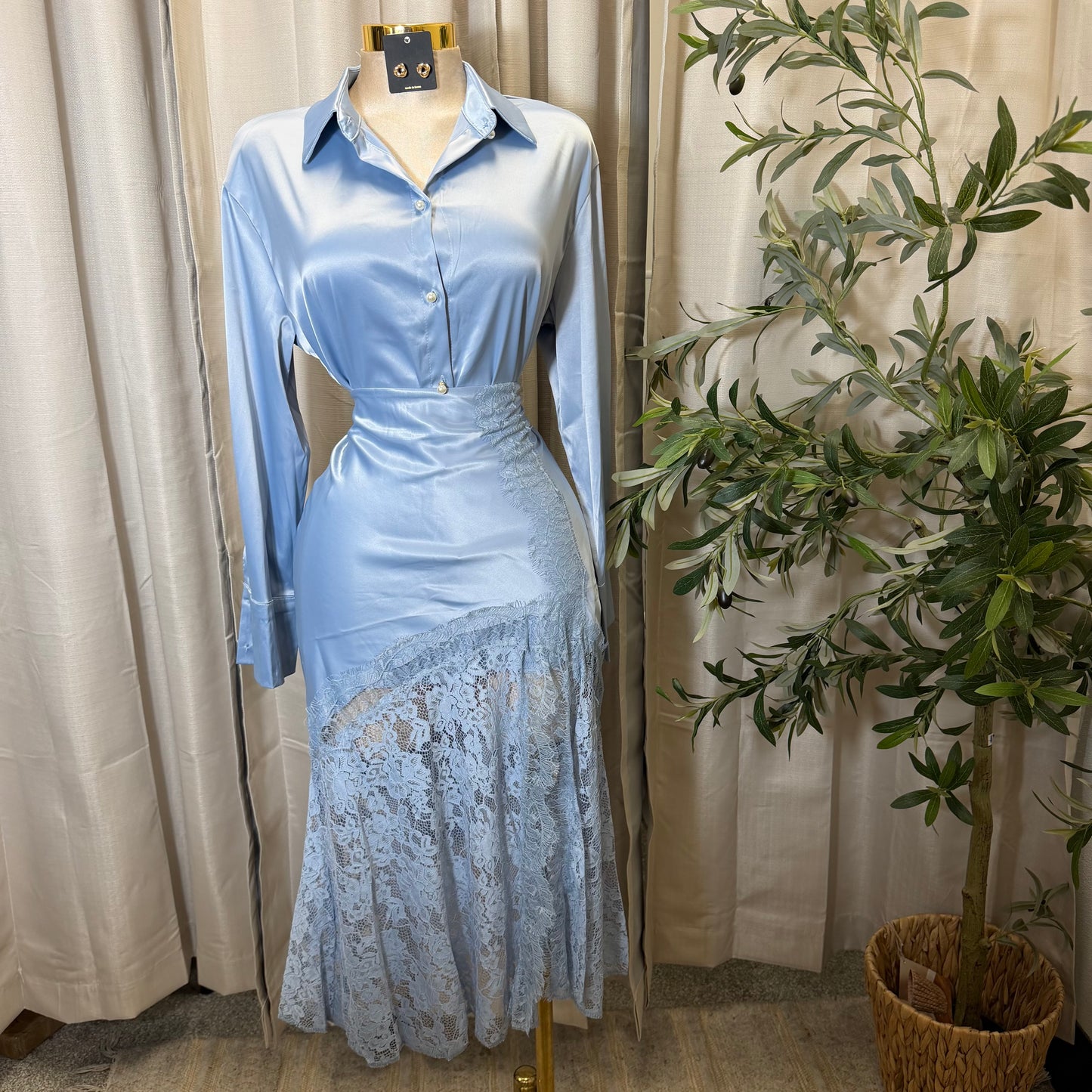 Satin Long Sleeve Top with Lace Skirt-Blue