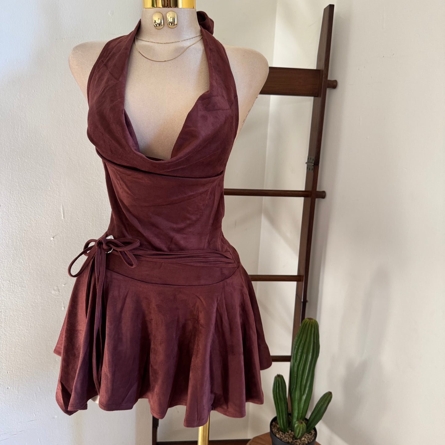 Suede Cowl Halter Open back Dress  -Burgundy
