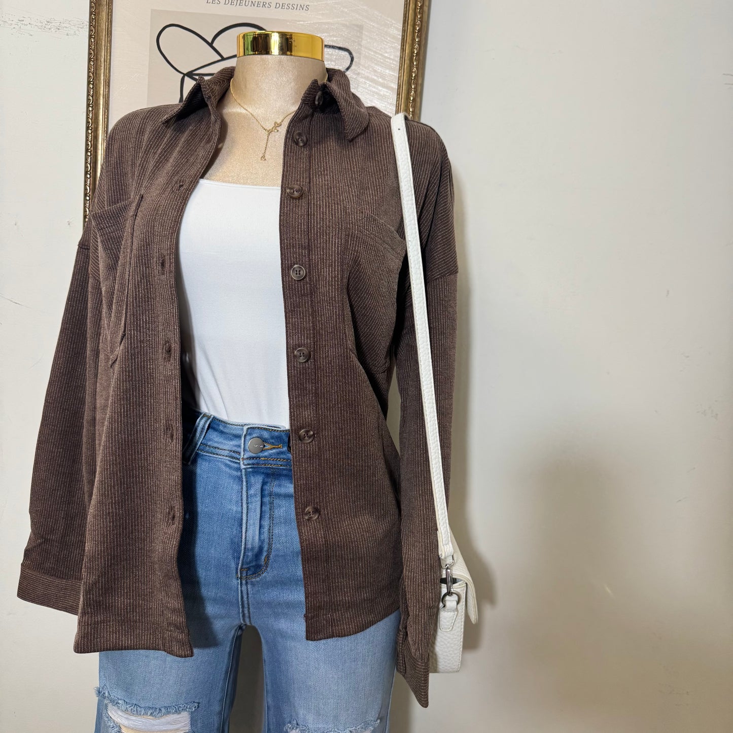 Oversized Pinstripe Collared Button Down Shacket-brown